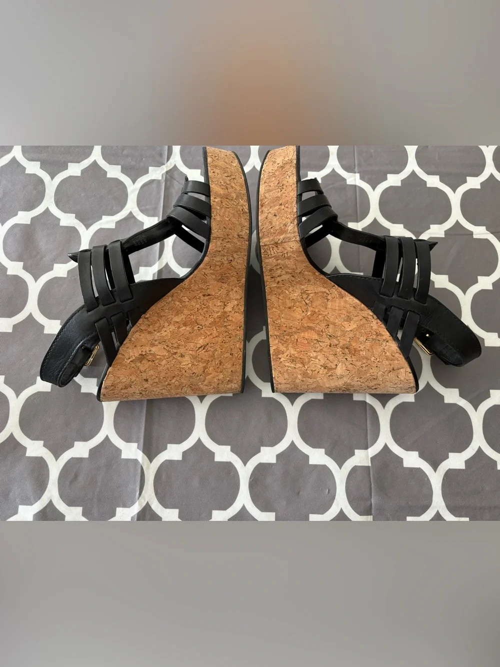Tory Burch Leslie Black Leather Cork Wedge Sandals